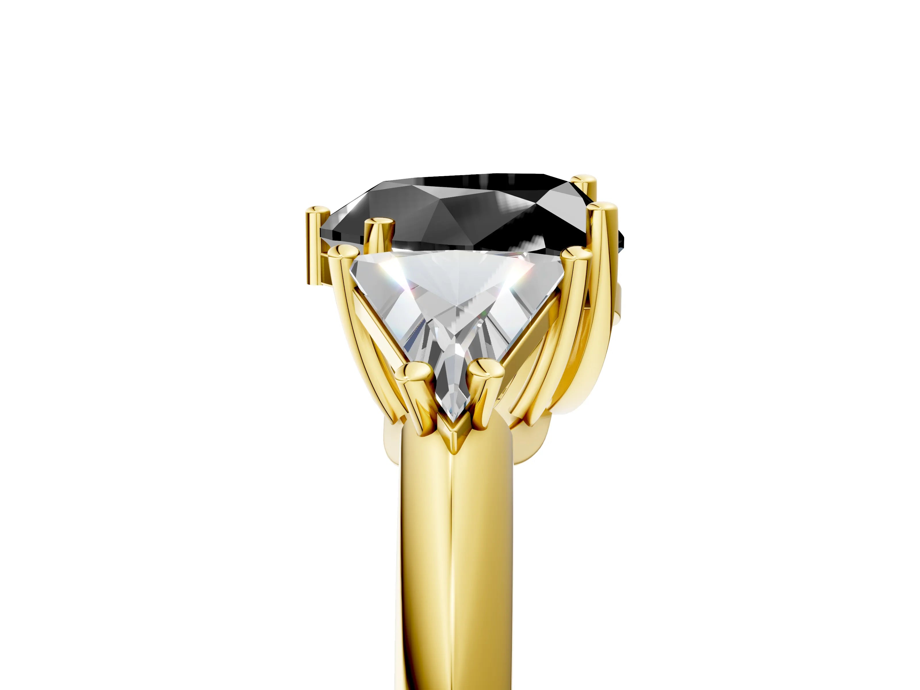 Yellow gold Three-Stone Fancy Black Heart Cut Cut Diamond Ring with Trillion Side Stones and Four-Prong Setting_8