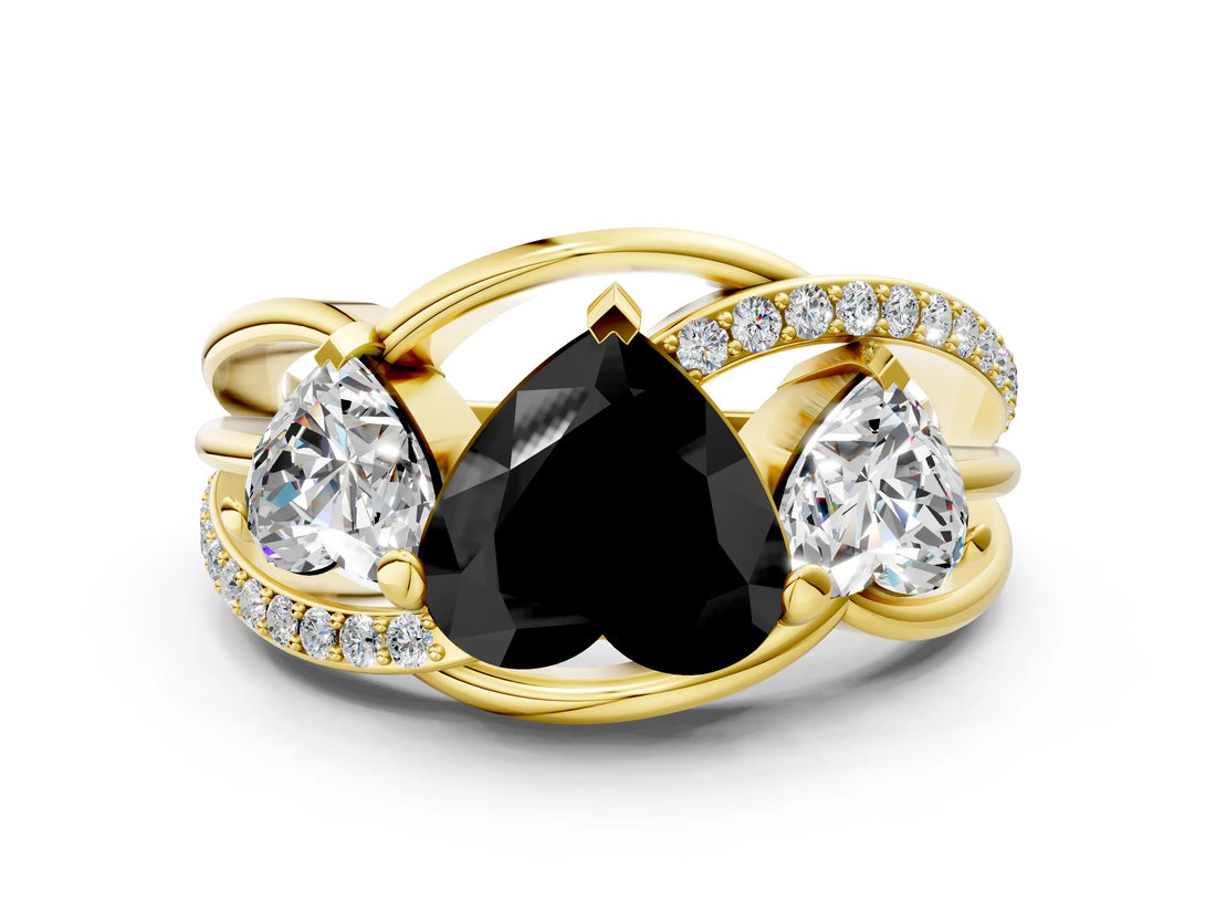 Yellow gold Three-Stone Fancy Black Heart Cut Cut Diamond Split Shank Prong Set Ring