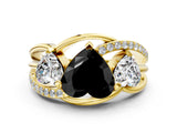 Yellow gold Three-Stone Fancy Black Heart Cut Cut Diamond Split Shank Prong Set Ring