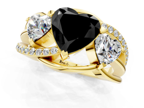 Yellow gold Three-Stone Fancy Black Heart Cut Cut Diamond Split Shank Prong Set Ring_1