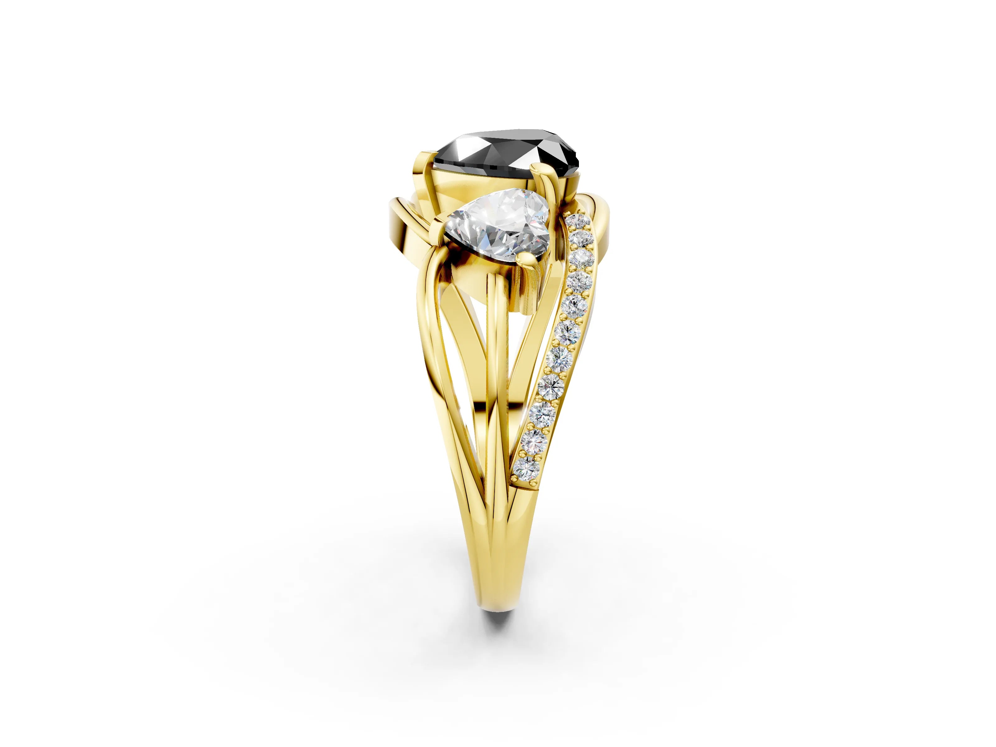 Yellow gold Three-Stone Fancy Black Heart Cut Cut Diamond Split Shank Prong Set Ring_2