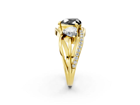 Yellow gold Three-Stone Fancy Black Heart Cut Cut Diamond Split Shank Prong Set Ring_2