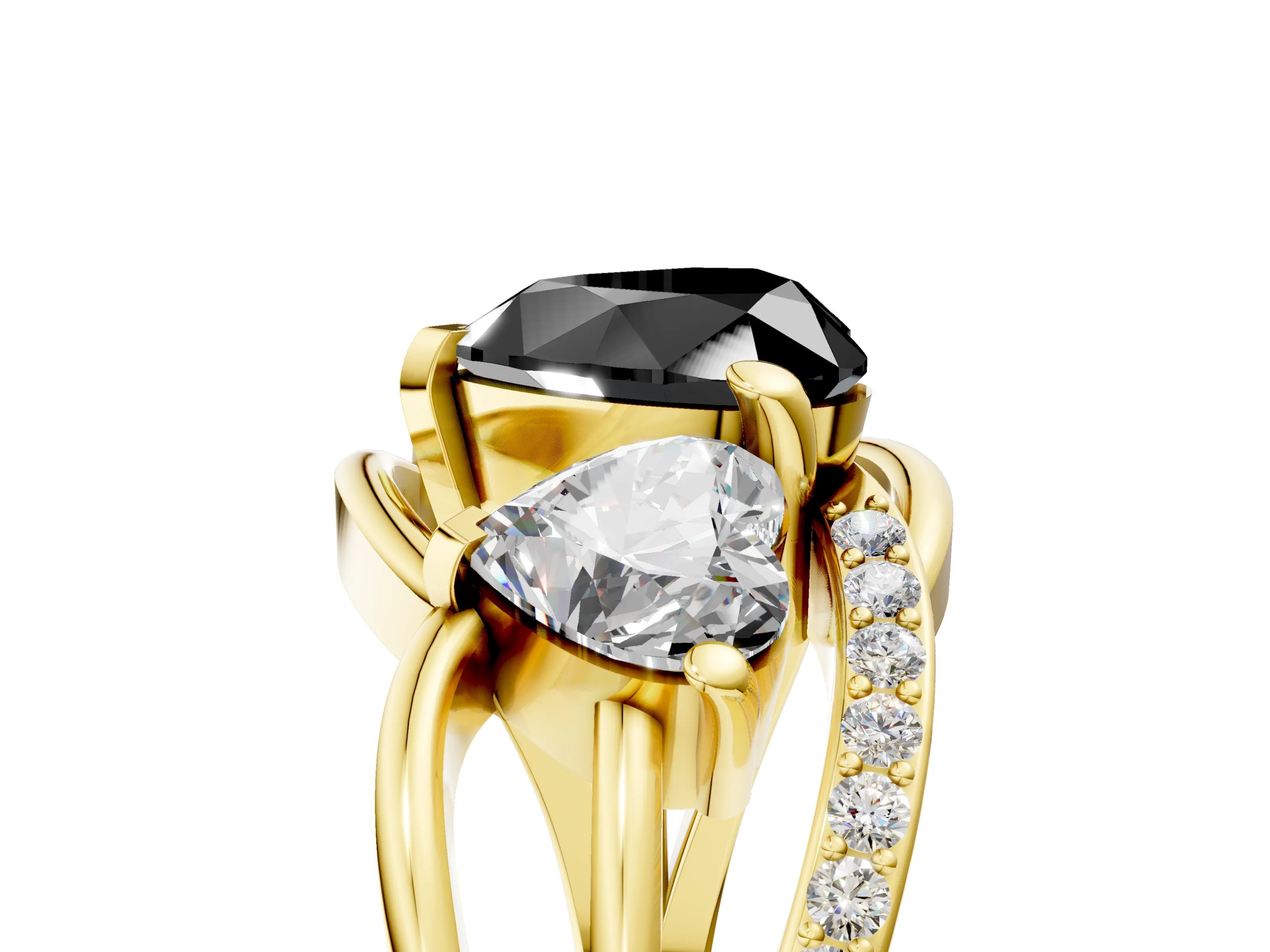 Yellow gold Three-Stone Fancy Black Heart Cut Cut Diamond Split Shank Prong Set Ring_5