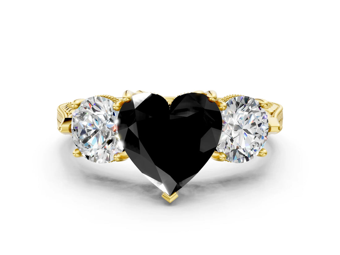 Yellow gold Three-Stone Fancy Black Heart Cut Cut Milgrain Band Prong Setting Ring_6