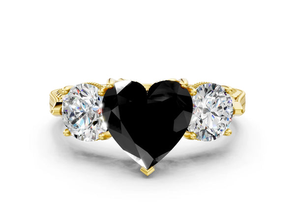 Yellow Gold Heart-Shaped Vintage Three Stone Engagement Ring Setting for Black Center