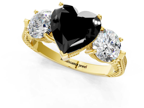 Yellow Gold Heart-Shaped Vintage Three Stone Engagement Ring Setting for Black Center