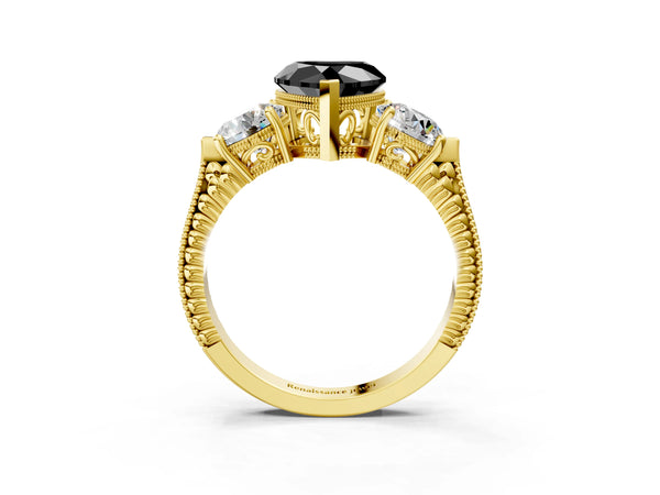 Yellow Gold Heart-Shaped Vintage Three Stone Engagement Ring Setting for Black Center