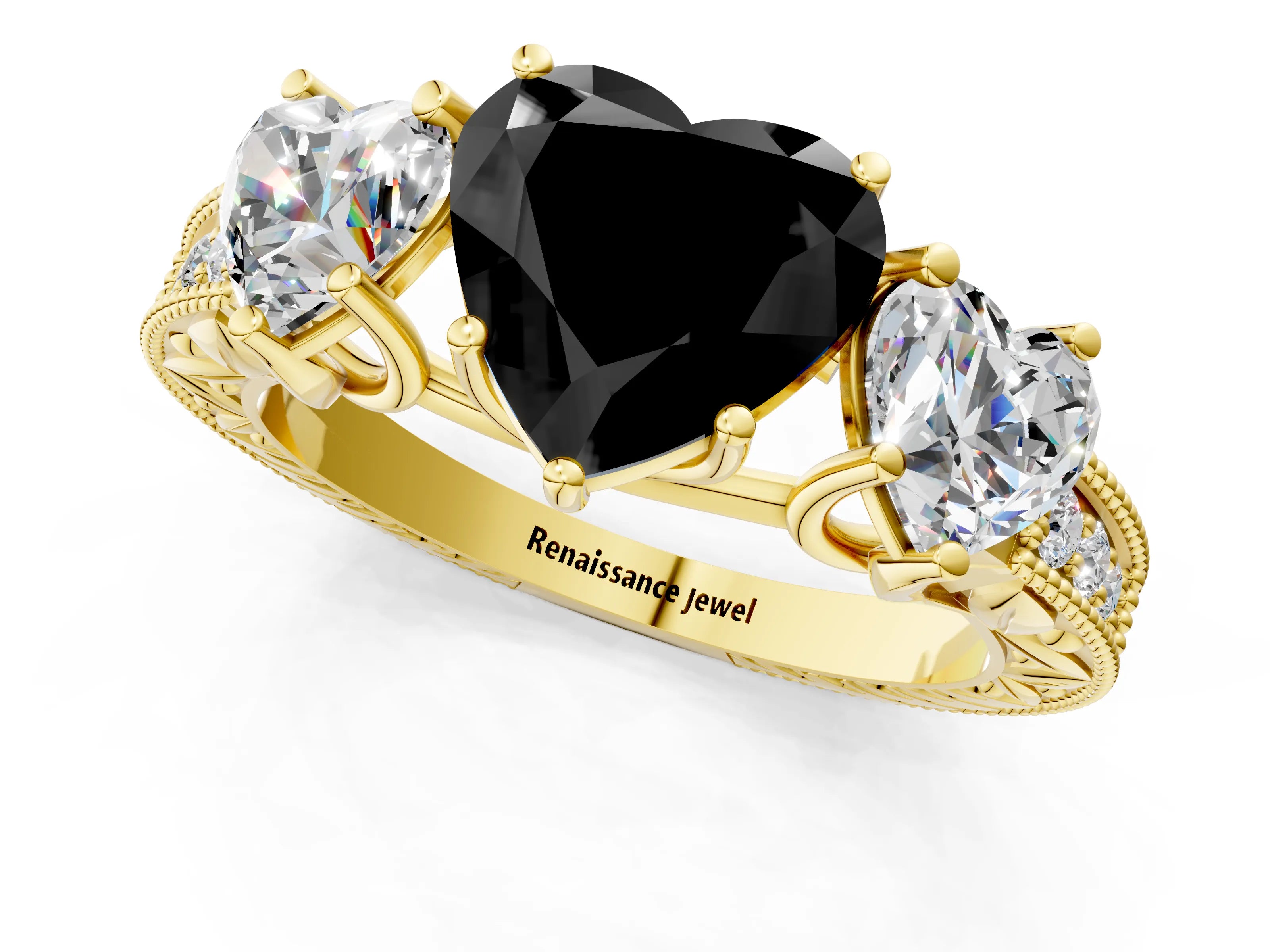 Yellow gold Three-Stone Fancy Black Heart Cut Cut Milgrain Pavé Engagement Ring_1