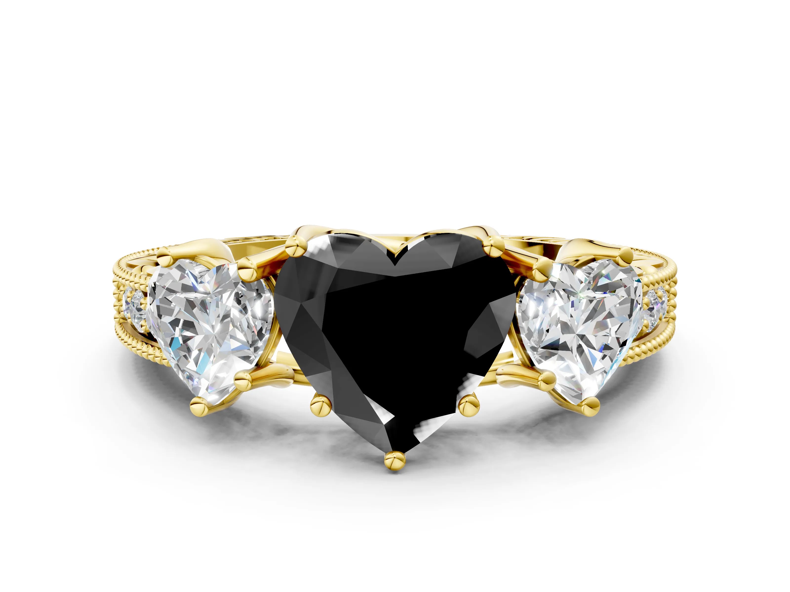 Yellow gold Three-Stone Fancy Black Heart Cut Cut Milgrain Pavé Engagement Ring_12