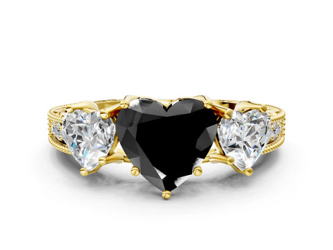 Yellow gold Three-Stone Fancy Black Heart Cut Cut Milgrain Pavé Engagement Ring_12
