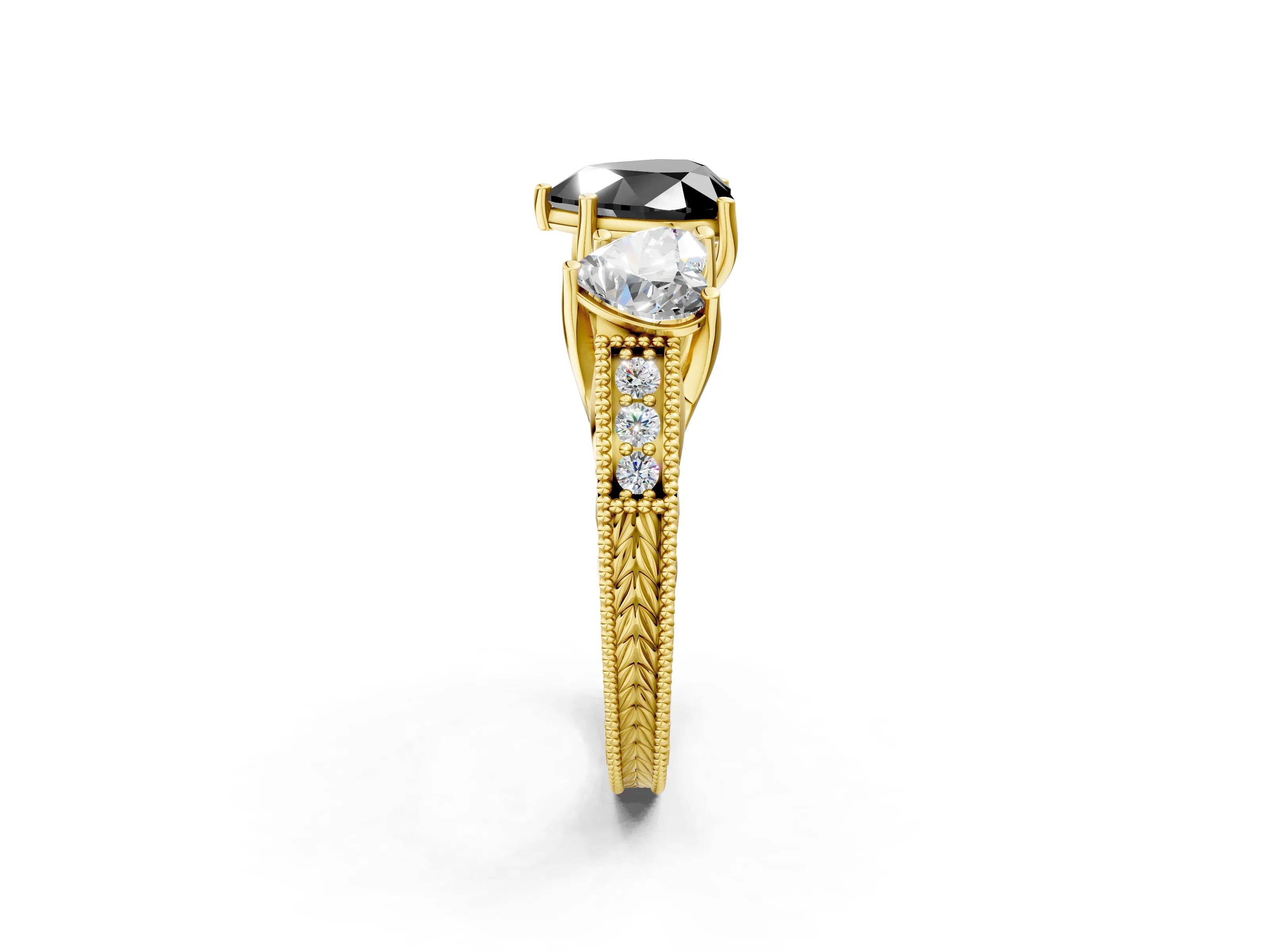 Yellow gold Three-Stone Fancy Black Heart Cut Cut Milgrain Pavé Engagement Ring_14