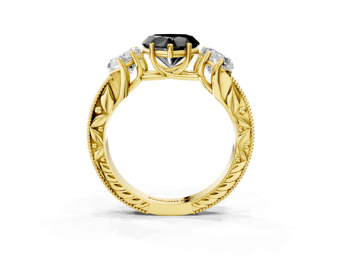 Yellow gold Three-Stone Fancy Black Heart Cut Cut Milgrain Pavé Engagement Ring_15