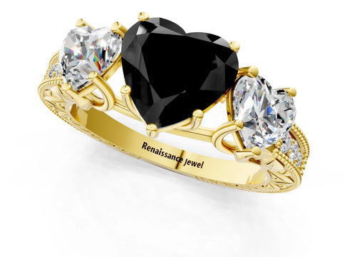 Yellow gold Three-Stone Fancy Black Heart Cut Cut Milgrain Pavé Engagement Ring_1