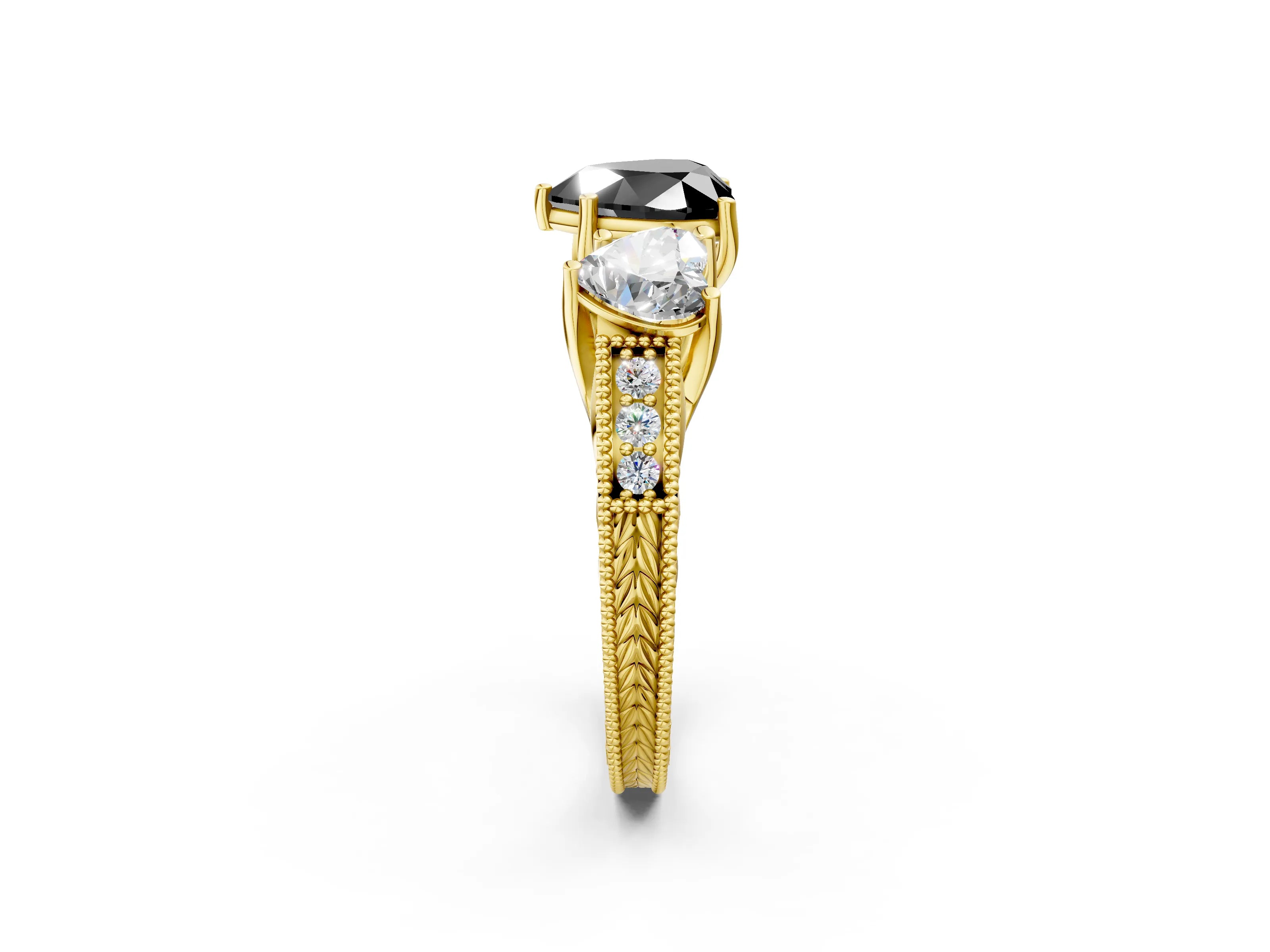 Yellow gold Three-Stone Fancy Black Heart Cut Cut Milgrain Pavé Engagement Ring_2