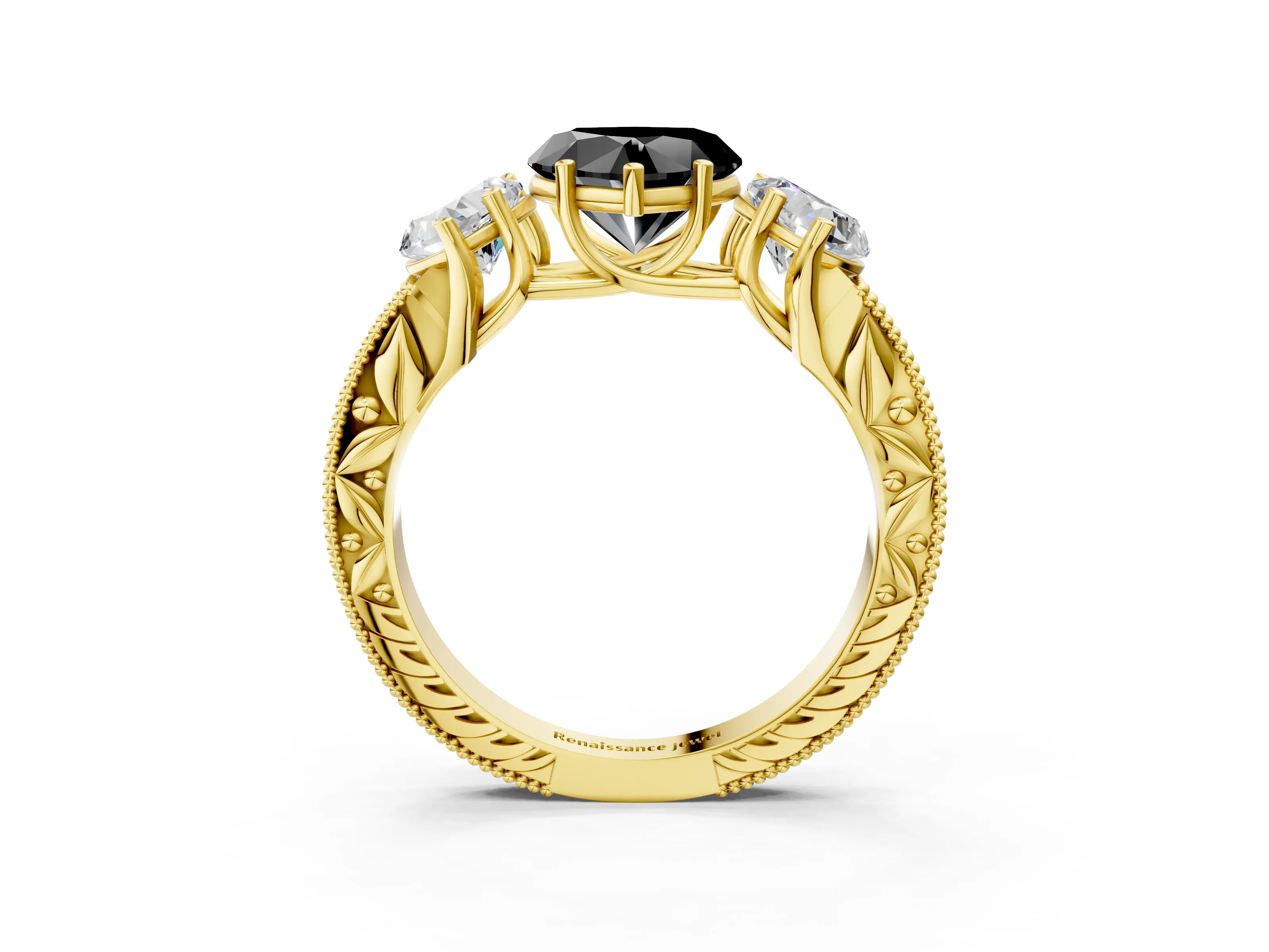 Yellow gold Three-Stone Fancy Black Heart Cut Cut Milgrain Pavé Engagement Ring_3