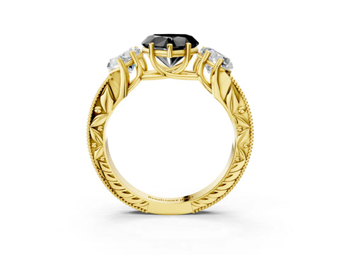 Yellow gold Three-Stone Fancy Black Heart Cut Cut Milgrain Pavé Engagement Ring_3