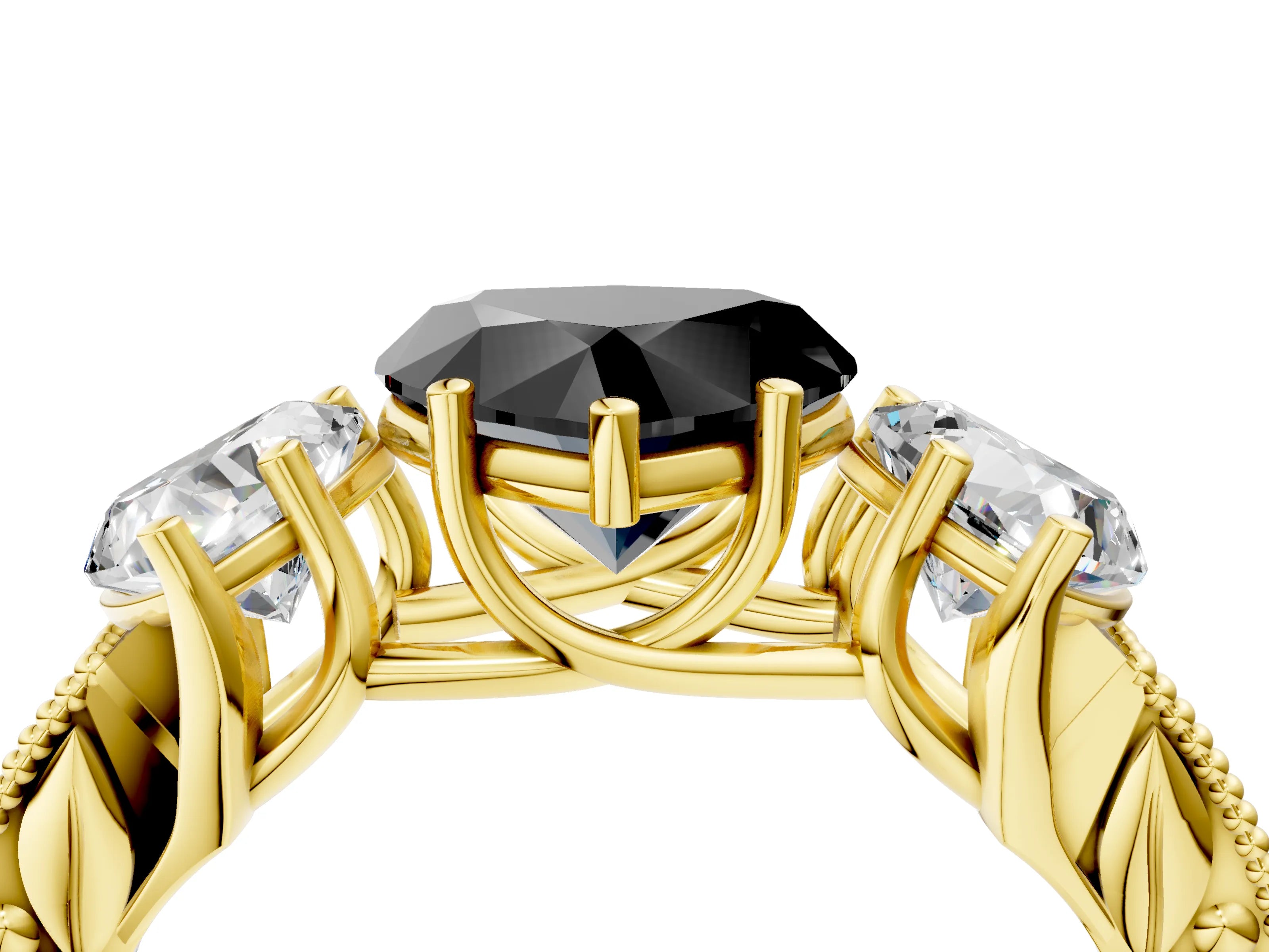 Yellow gold Three-Stone Fancy Black Heart Cut Cut Milgrain Pavé Engagement Ring_4