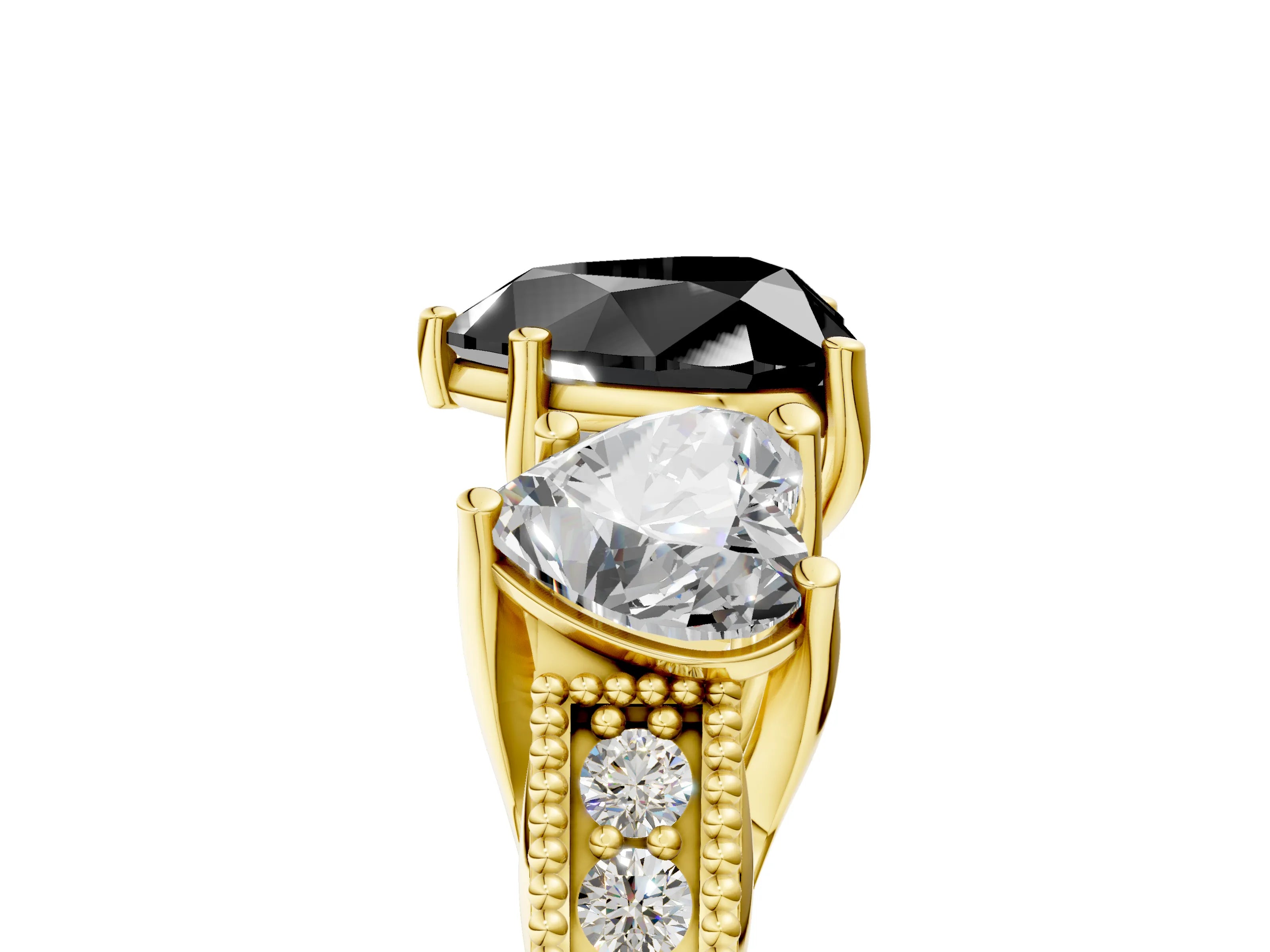 Yellow gold Three-Stone Fancy Black Heart Cut Cut Milgrain Pavé Engagement Ring_5