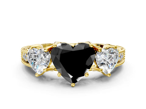 Yellow gold Three-Stone Fancy Black Heart Cut Cut Milgrain Pavé Engagement Ring