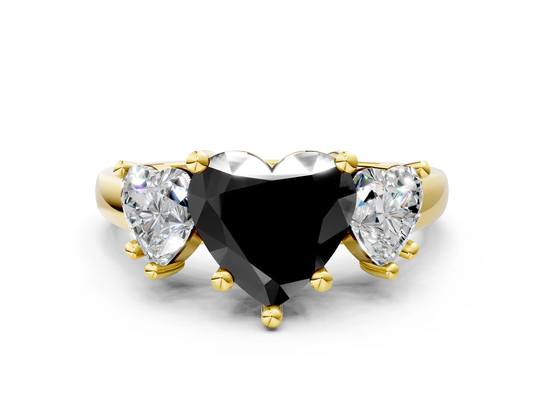 Yellow gold Three-Stone Fancy Black Heart Cut Cut Solitaire Ring with Classic Prong Setting
