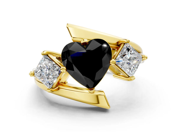 Yellow gold Three-Stone Fancy Black Heart Cut Cut Tension Band Ring with Four-Prong Setting