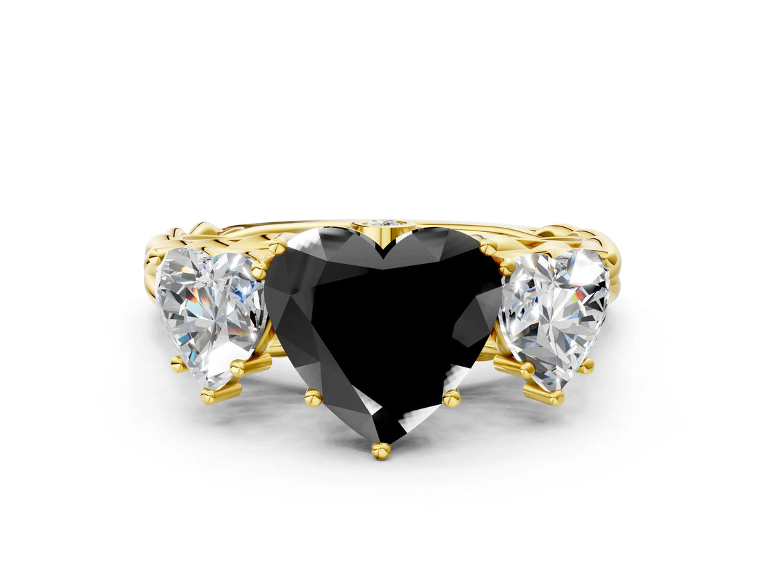 Yellow gold Three-Stone Fancy Black Heart Cut Diamond Braided Band Ring with Four-Prong Setting_12