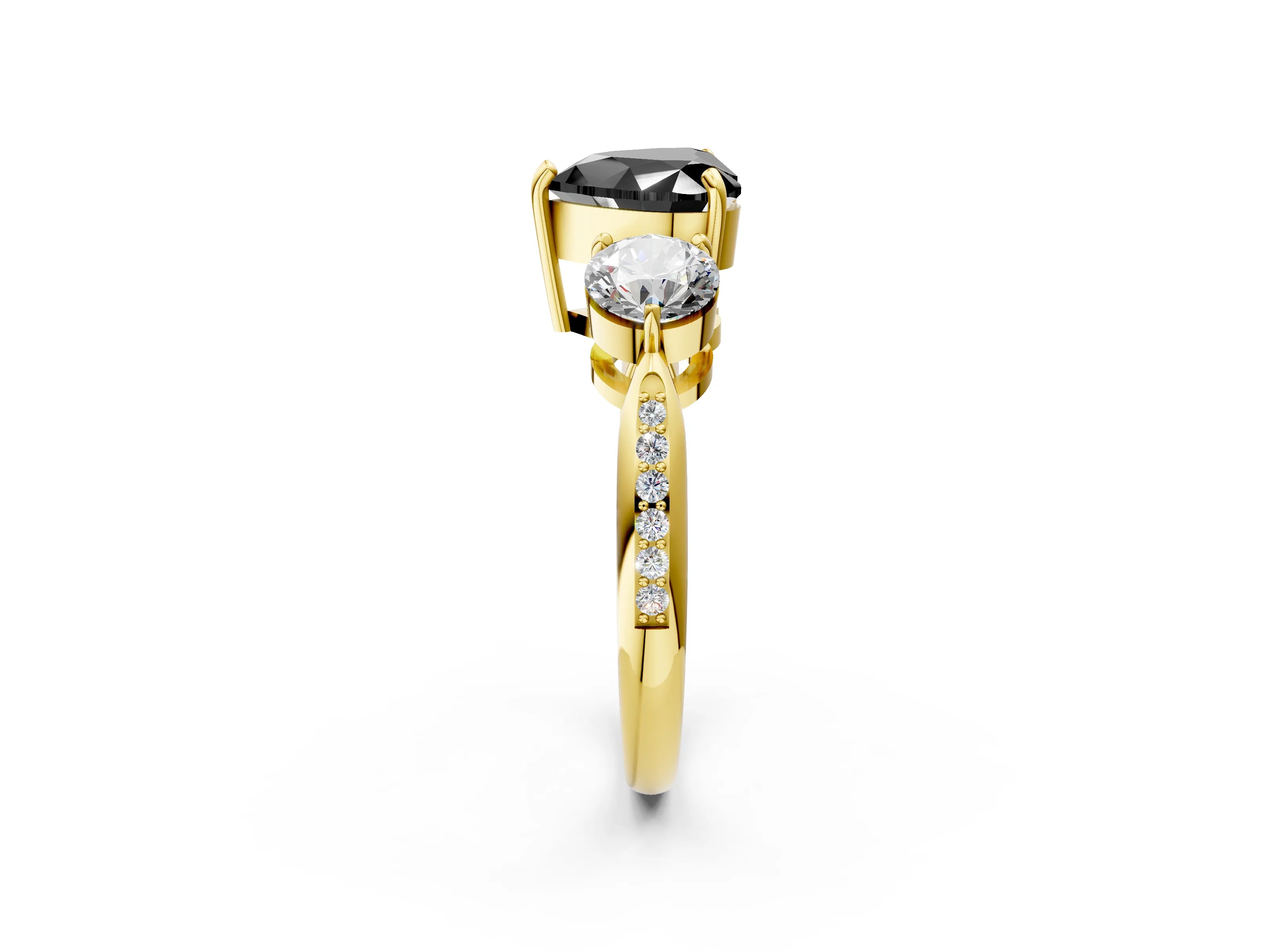 Yellow gold Three-Stone Fancy Black Heart Cut Diamond Channel Set Engagement Ring with Prong Setting_14