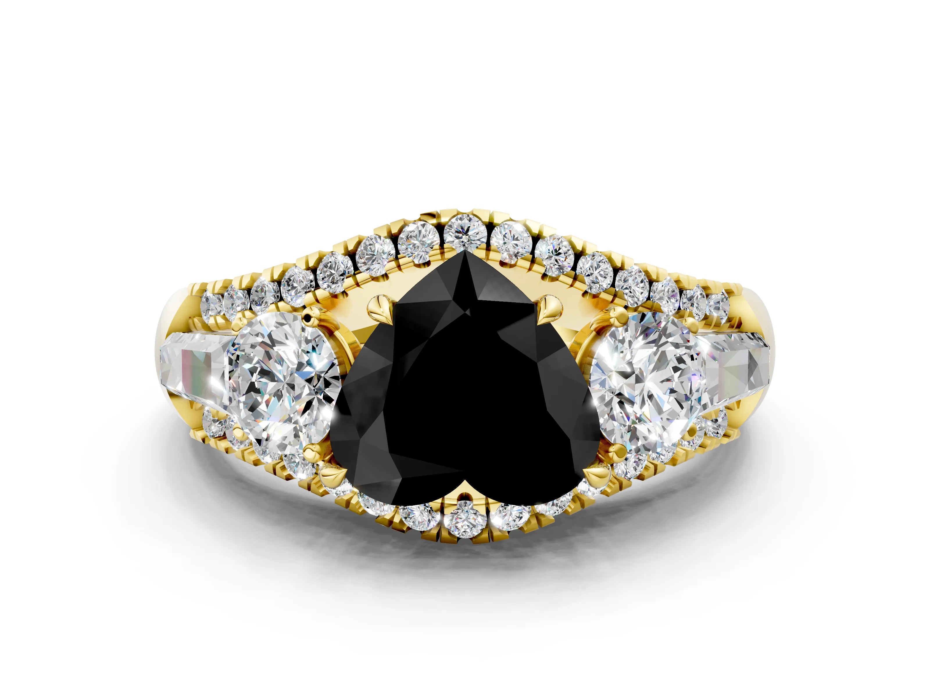 Yellow gold Three-Stone Fancy Black Heart Cut Diamond Engagement Ring with Pave Band and Prong Setting