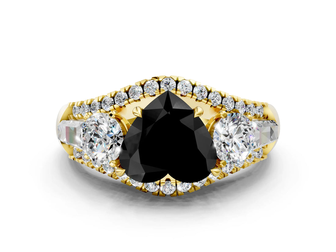 Yellow gold Three-Stone Fancy Black Heart Cut Diamond Engagement Ring with Pave Band and Prong Setting