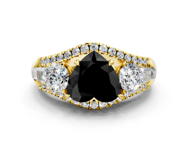 Yellow Gold Heart-Shaped Five Stone Baguette Engagement Ring Setting for Black Center