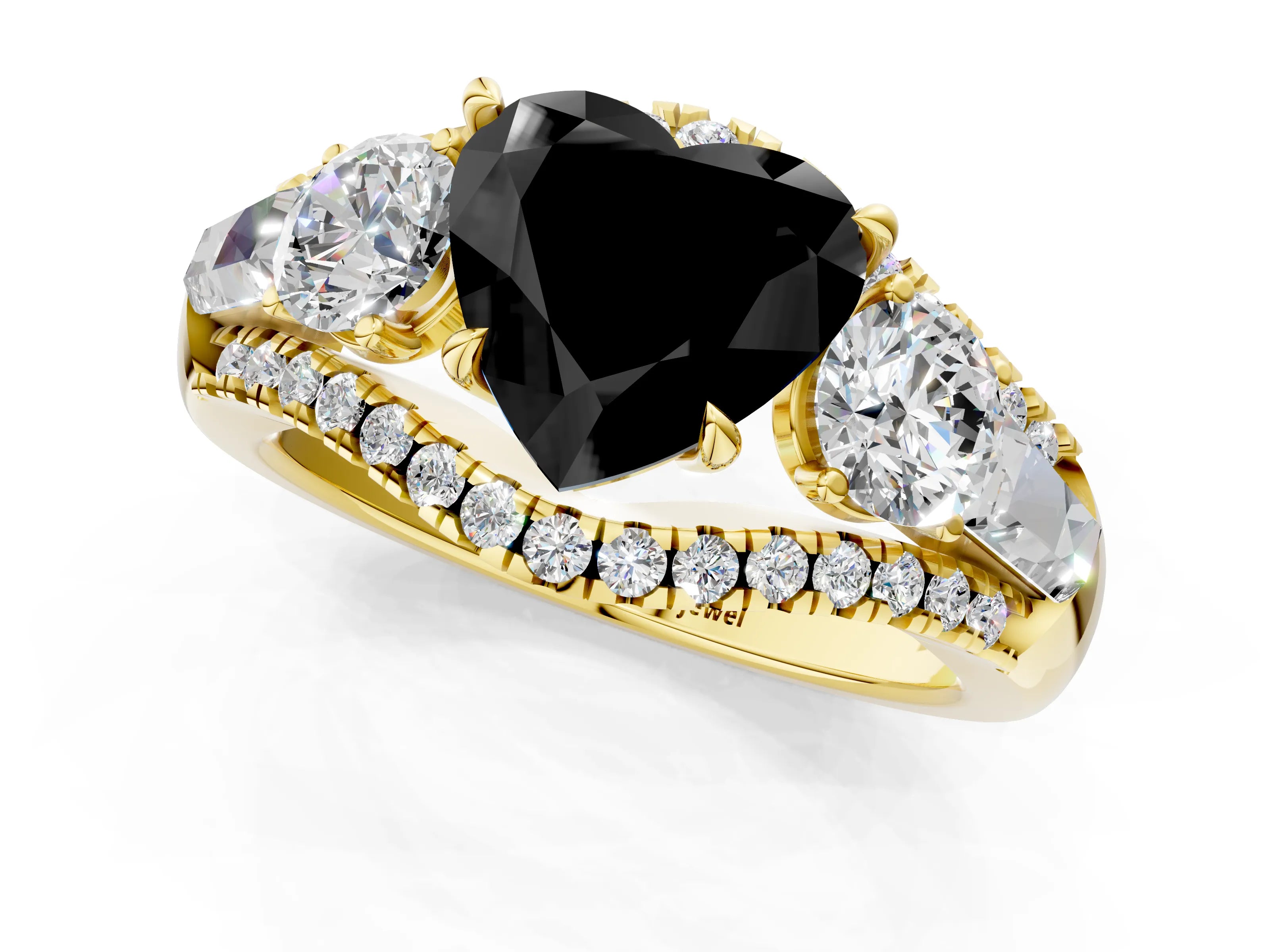Yellow gold Three-Stone Fancy Black Heart Cut Diamond Engagement Ring with Pave Band and Prong Setting_1