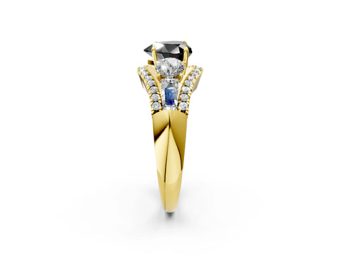 Yellow gold Three-Stone Fancy Black Heart Cut Diamond Engagement Ring with Pave Band and Prong Setting_2