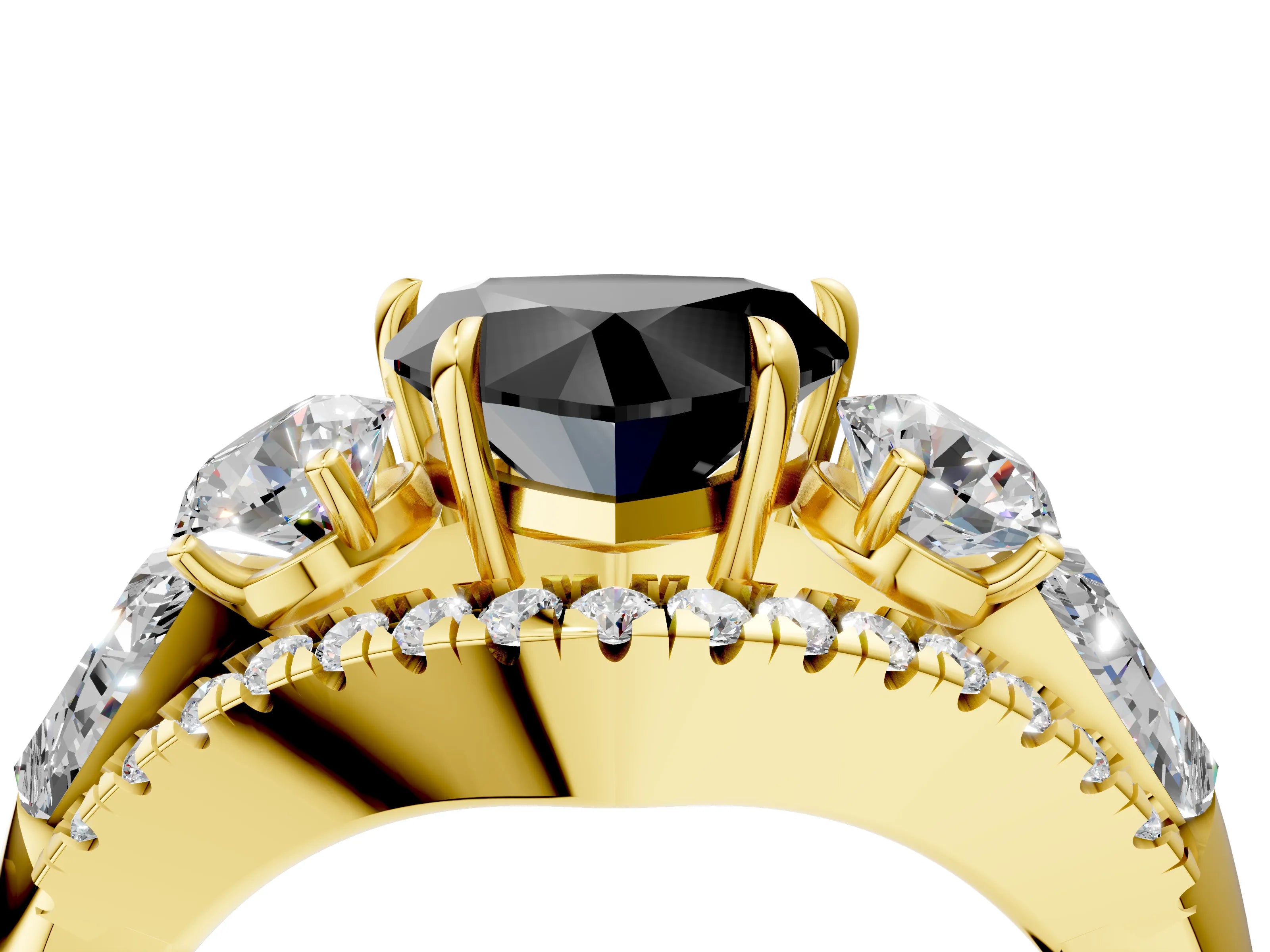 Yellow gold Three-Stone Fancy Black Heart Cut Diamond Engagement Ring with Pave Band and Prong Setting_4