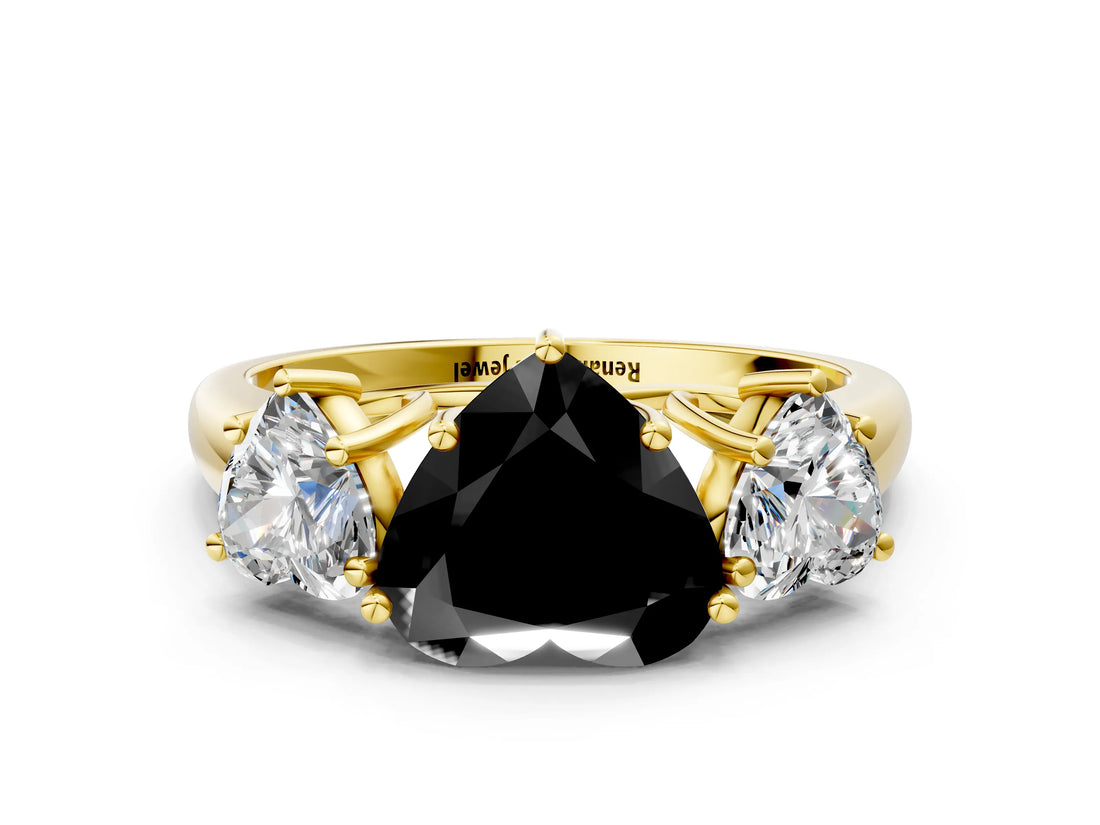Yellow gold Three-Stone Fancy Black Heart Cut Diamond Engagement Ring with Prong Setting_3
