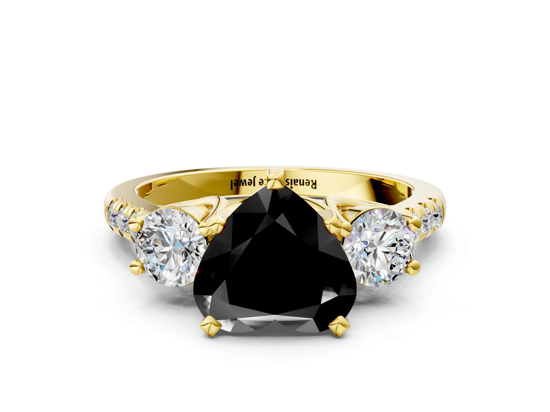 Yellow gold Three-Stone Fancy Black Heart Cut Diamond Pavé Band with Four-Prong Setting