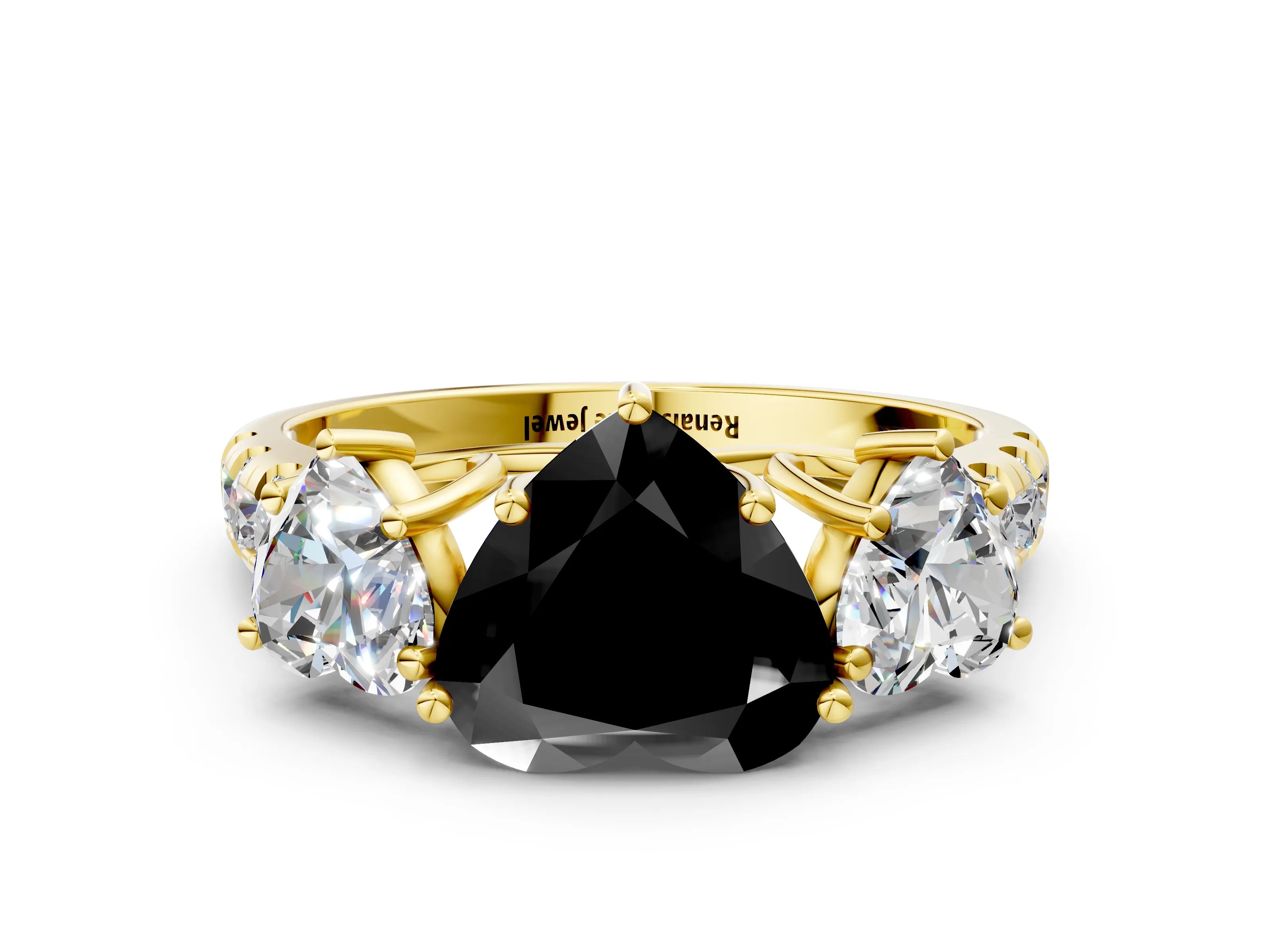 Yellow gold Three-Stone Fancy Black Heart Cut Diamond Pavé Band with Prong Setting