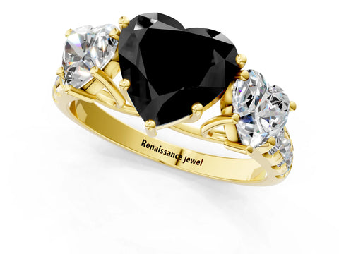 Yellow gold Three-Stone Fancy Black Heart Cut Diamond Pavé Band with Prong Setting_1