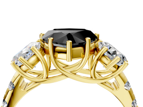 Yellow gold Three-Stone Fancy Black Heart Cut Diamond Pavé Band with Prong Setting_4