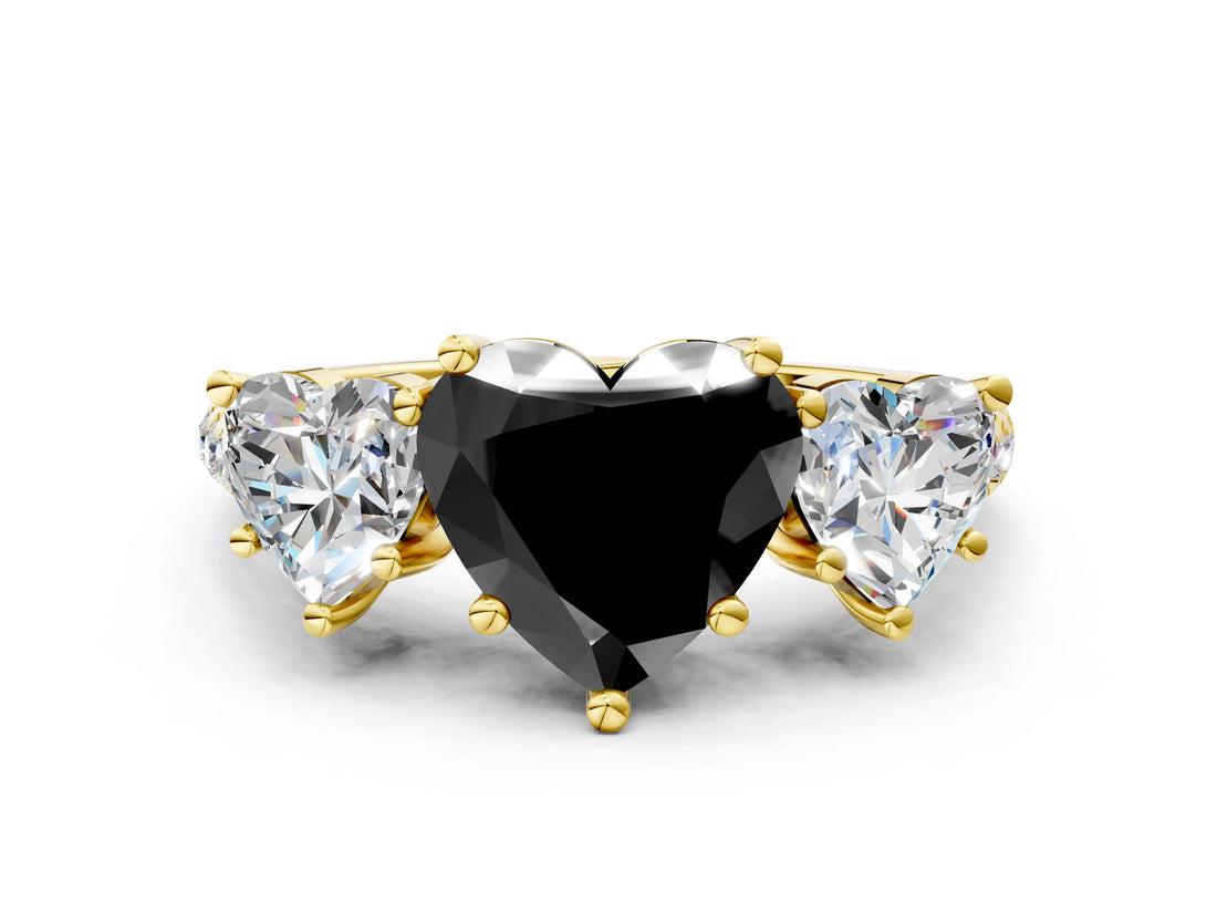 Yellow gold Three-Stone Fancy Black Heart Cut Diamond Ring with Pavé Band and Prong Setting_24
