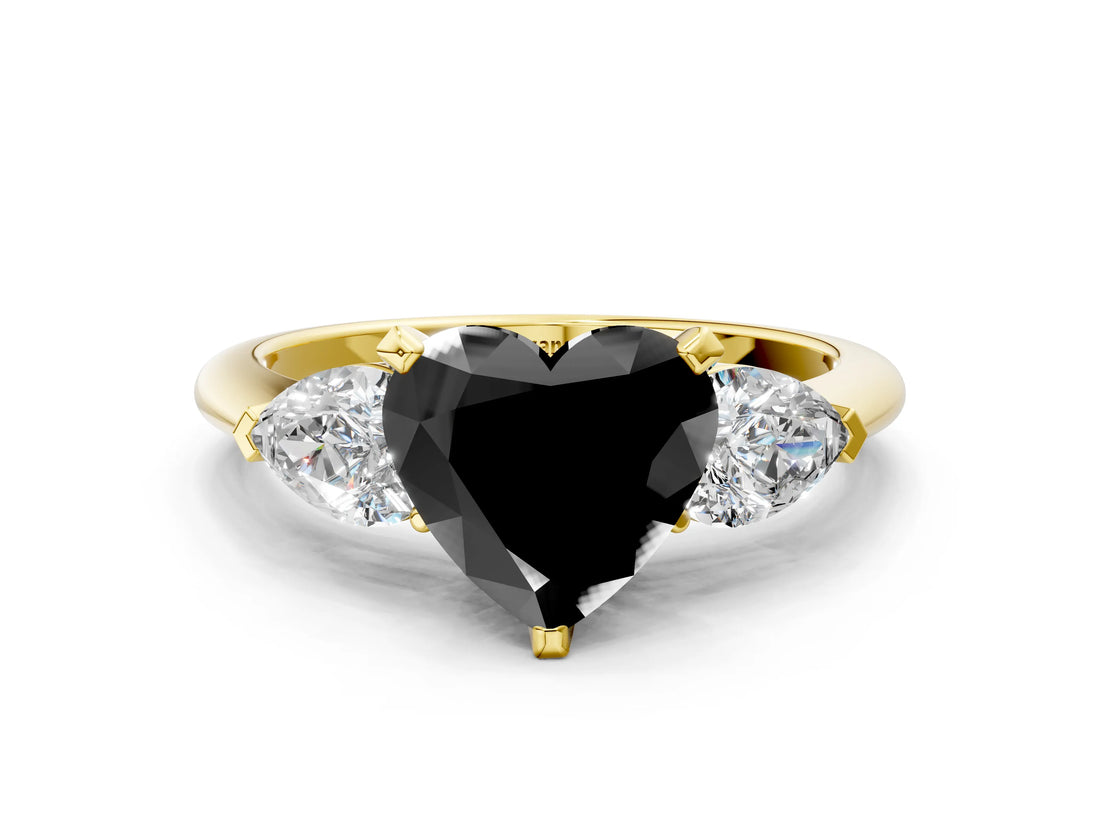Yellow gold Three-Stone Fancy Black Heart Cut Diamond Ring with Pear Side Stones and Four-Prong Setting