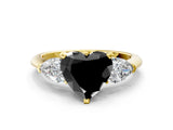 Yellow gold Three-Stone Fancy Black Heart Cut Diamond Ring with Pear Side Stones and Four-Prong Setting