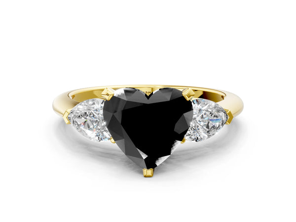 Yellow Gold Heart-Shaped Three Stone Engagement Ring Setting for Black Center with Pear Side Stones