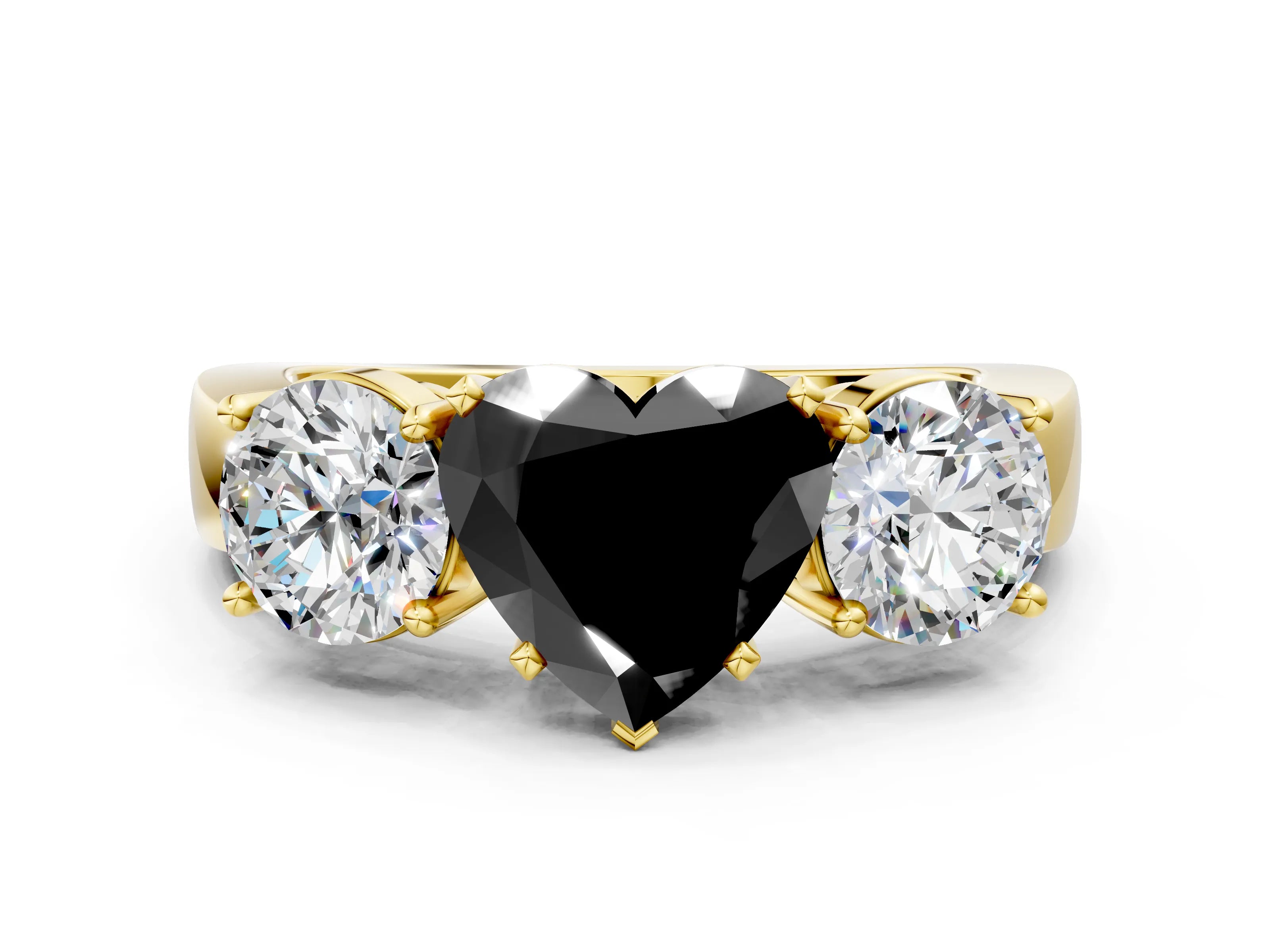 Yellow gold Three-Stone Fancy Black Heart Cut Diamond Ring with Round Side Stones, Classic Band, and Four-Prong Setting