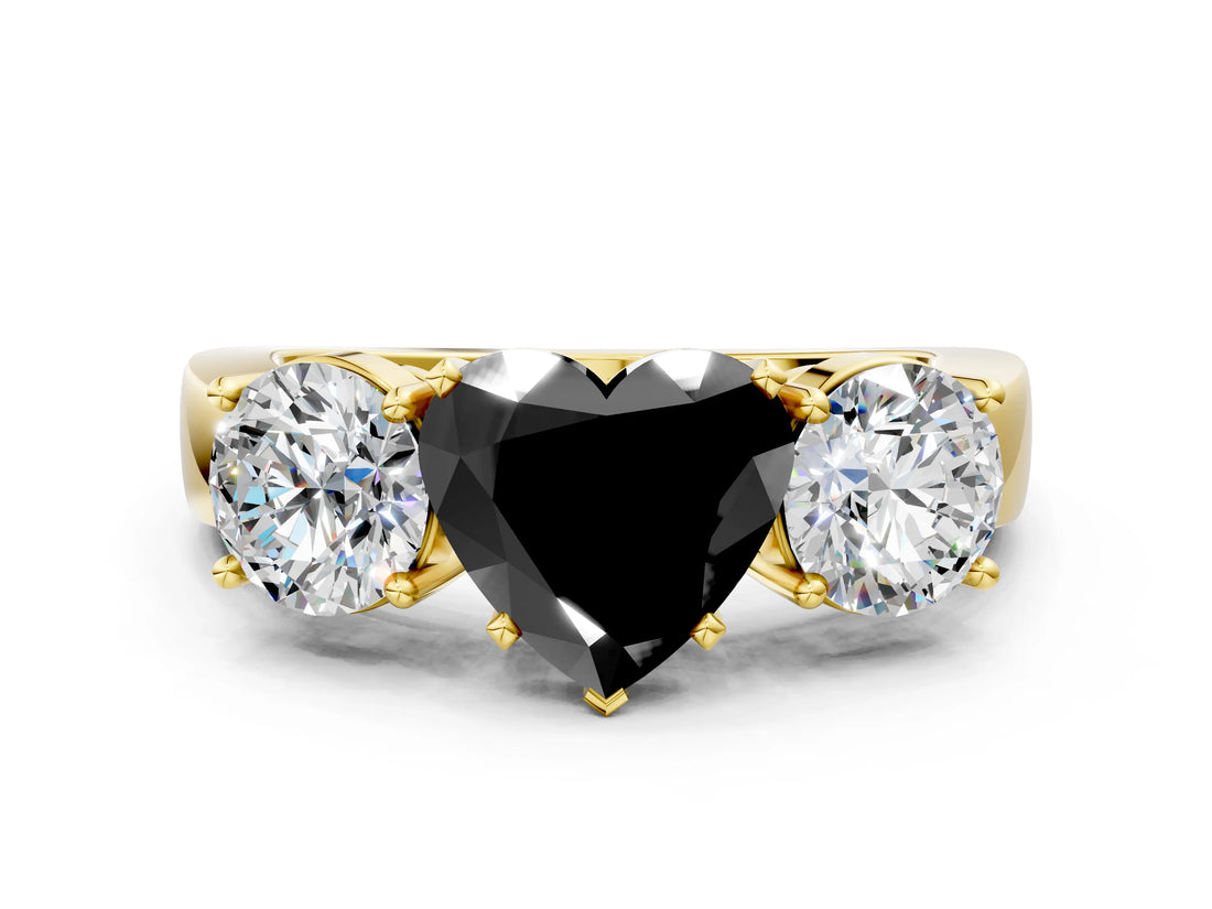 Yellow gold Three-Stone Fancy Black Heart Cut Diamond Ring with Round Side Stones, Classic Band, and Four-Prong Setting