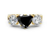 Yellow gold Three-Stone Fancy Black Heart Cut Diamond Ring with Round Side Stones, Classic Band, and Four-Prong Setting