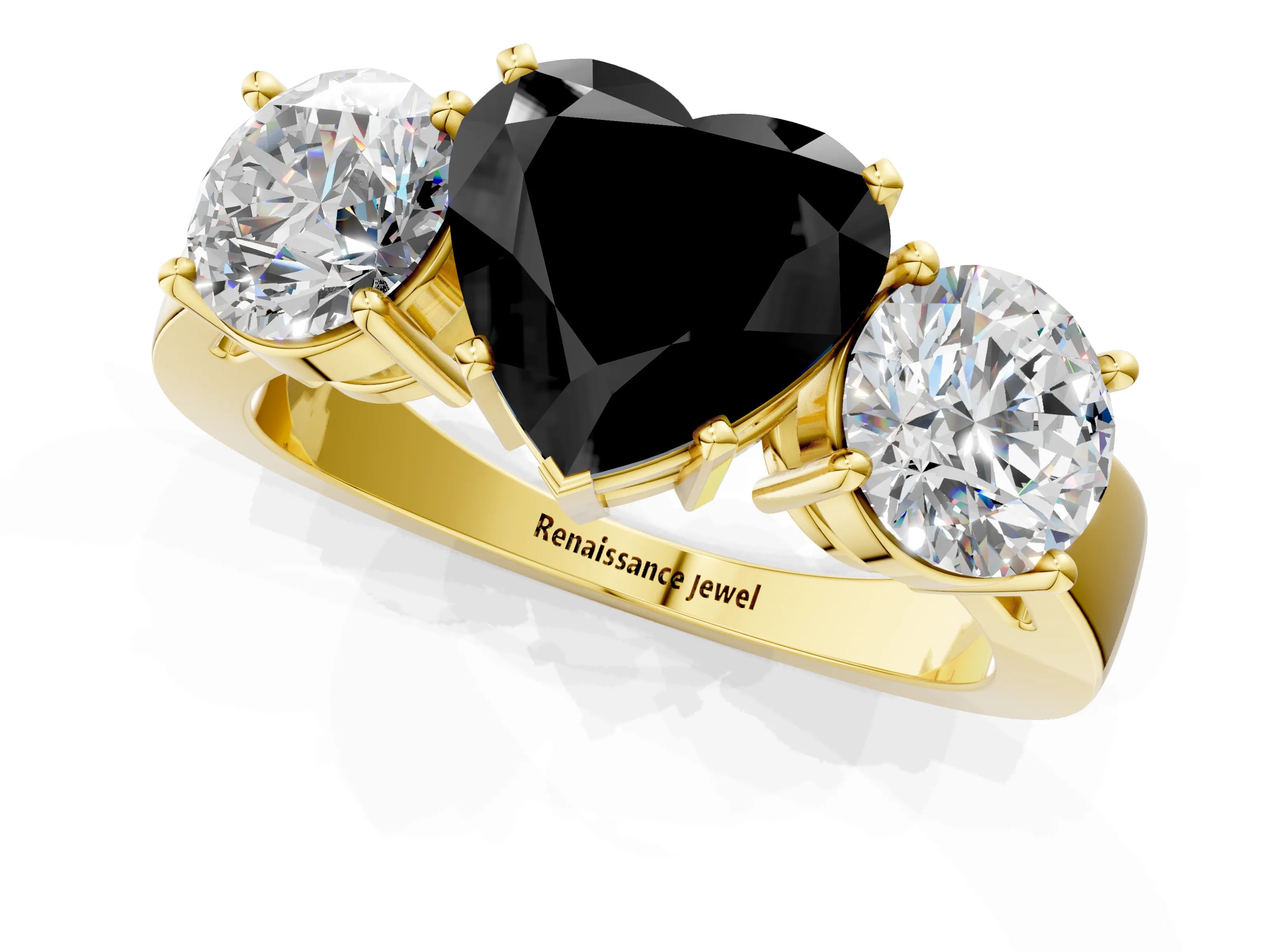 Yellow gold Three-Stone Fancy Black Heart Cut Diamond Ring with Round Side Stones, Classic Band, and Four-Prong Setting_1