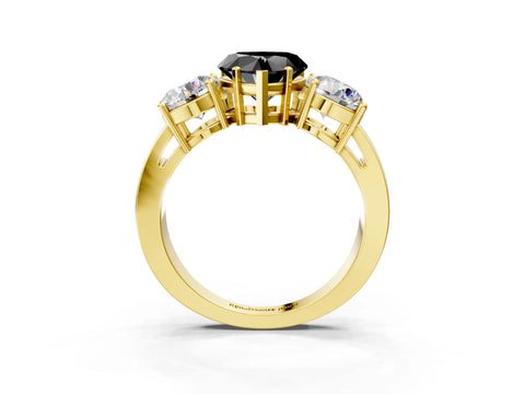 Yellow gold Three-Stone Fancy Black Heart Cut Diamond Ring with Round Side Stones, Classic Band, and Four-Prong Setting_3