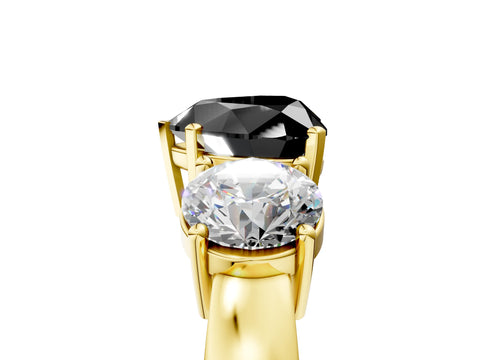 Yellow gold Three-Stone Fancy Black Heart Cut Diamond Ring with Round Side Stones, Classic Band, and Four-Prong Setting_5