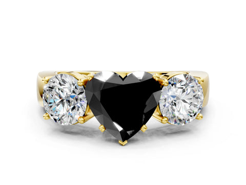 Yellow gold Three-Stone Fancy Black Heart Cut Diamond Ring with Round Side Stones, Classic Band, and Four-Prong Setting