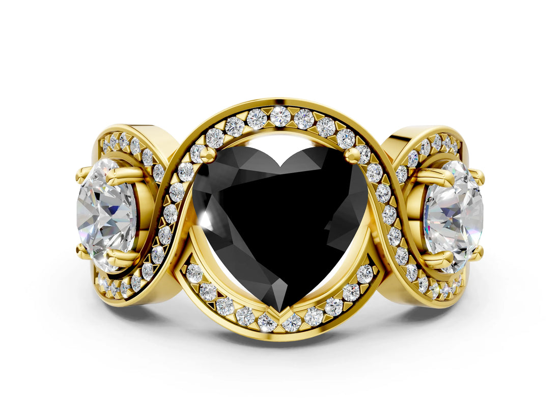 Yellow gold Three-Stone Fancy Black Heart Cut Diamond Wave Pave Band with Prong Setting_18